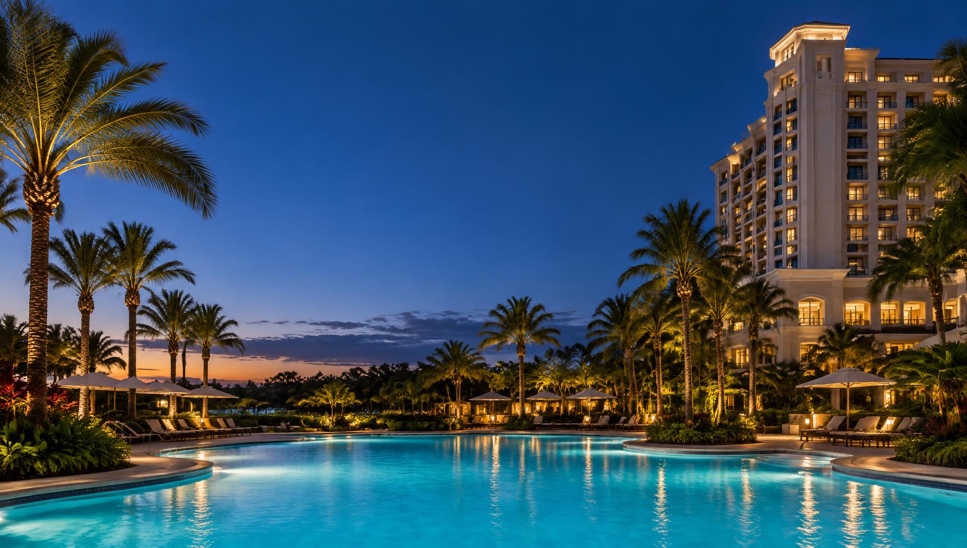 An Orlando-inspired resort pool surrounded by palms at sunset